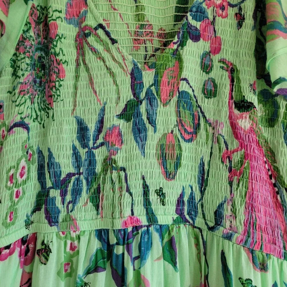 Banjanan Ira Ruffle Sleeve Maxi Dress Green Floral Peacock with Pockets Large - Picture 4 of 9